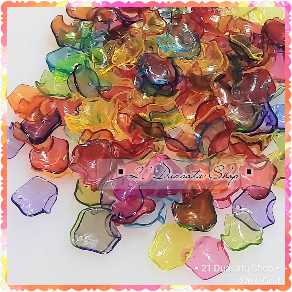 (Pon) Manik mote akrilik bening kelopak bunga keriting kecil 14 mili campur warna untuk kreasi keraj