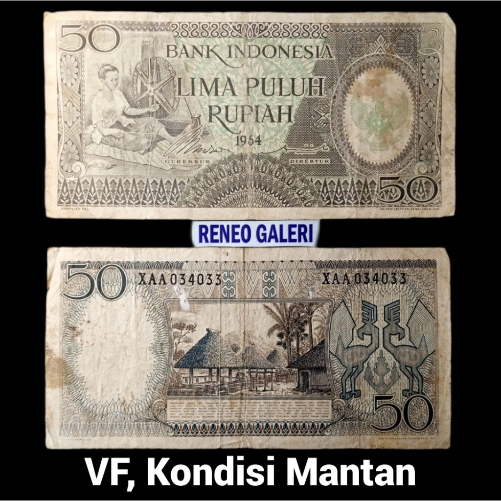 VF 50 Rupiah tahun 1964 Seri pekerja tangan Rp uang kertas kuno Indonesia duit jadul lawas lama anti