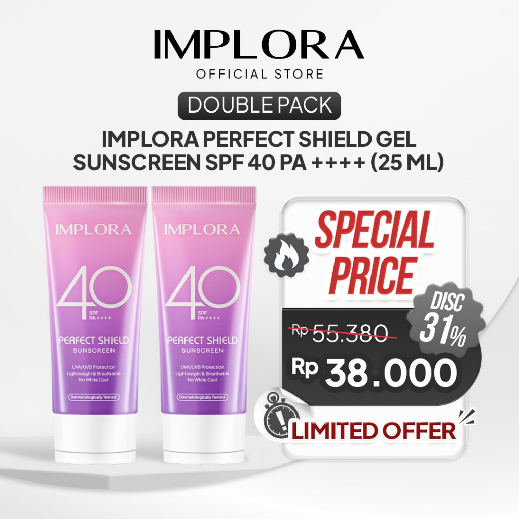 [DOUBLE PACK]  Implora Perfect Shield Sunscreen SPF 40 PA++++ (25 ml) | Sunblock Wajah | Ringan | No