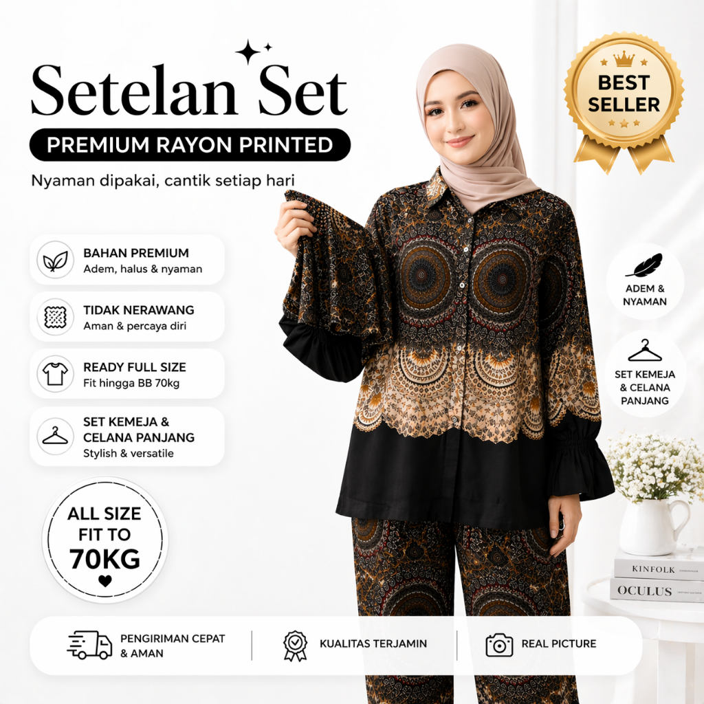 Stelan Wanita Rayon Premium Etnic Setelan Batik Modern Oneset Jumbo Adem Halus Outfit Hijab Kekinian