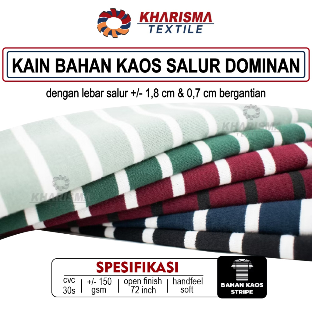 Kain Bahan Kaos Salur Dominan CVC 30s Beragam Corak Motif Garis Warna Stripe Lebar Besar 1,8 cm Keci