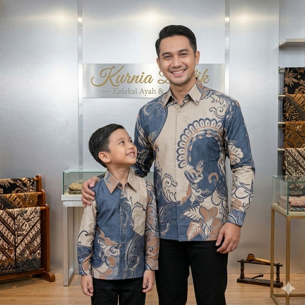 Keong Salem, Kemeja Batik Couple Ayah Dan Anak, Warna Salem, Bahan Dobby Tenun, Pakai Lapisan