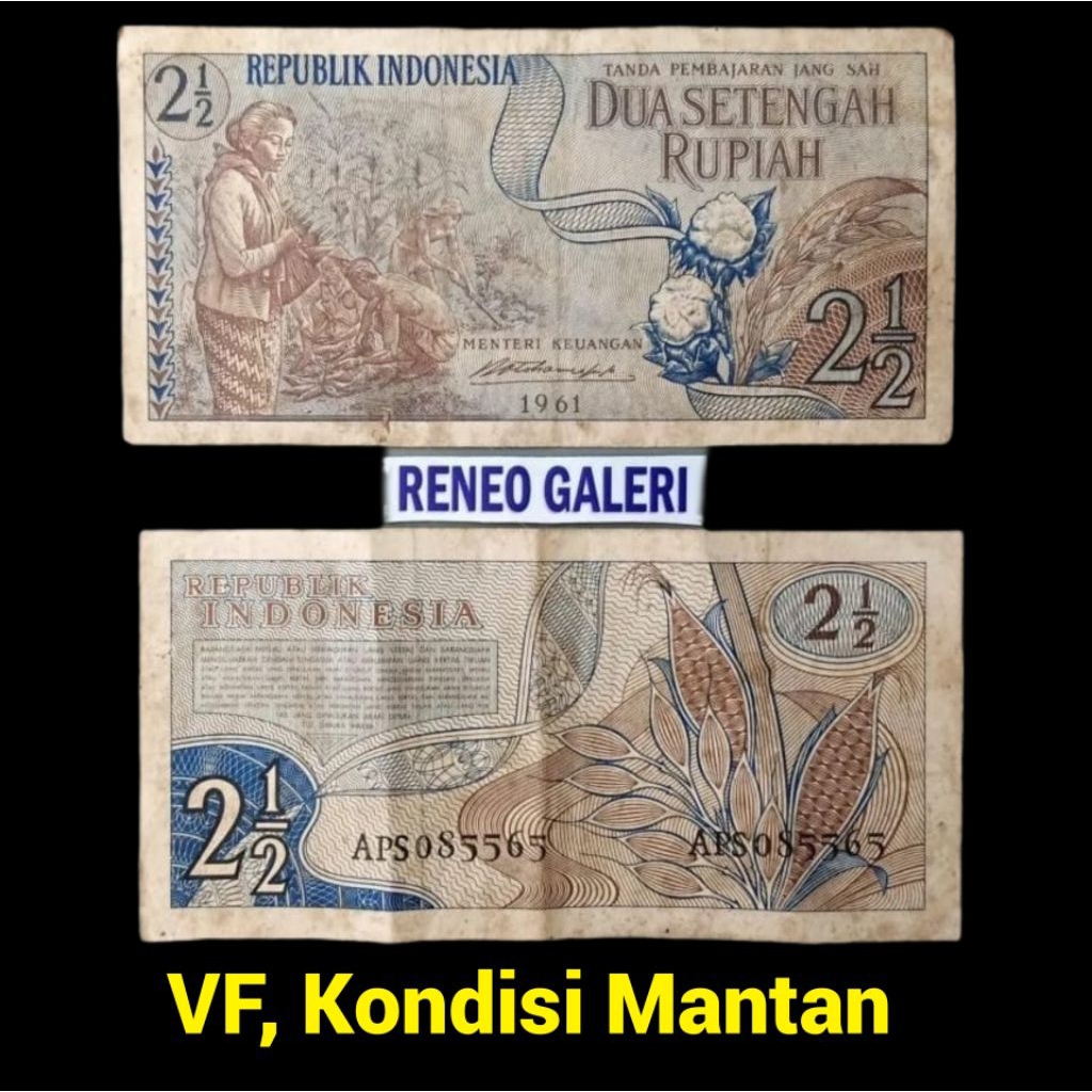 VF 2½ Rupiah Seri Sandang pangan Tahun 1961 1960 Rp 2,5 uang kertas kuno Indonesia duit lawas antik 