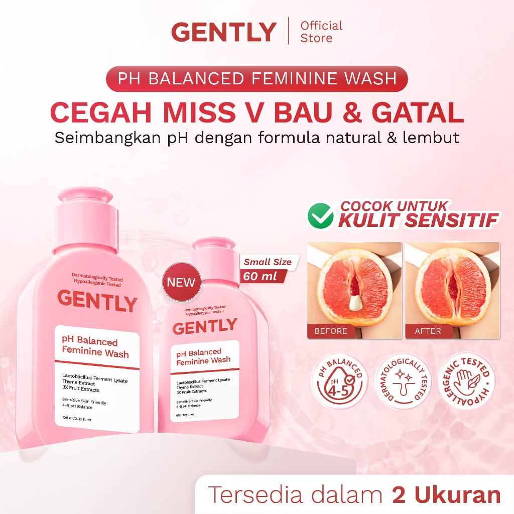 GENTLY pH Balanced Feminine Wash 100ml & 60ml - Pembersih Kewanitaan Kurangi Gatal, Bau, Keputihan -
