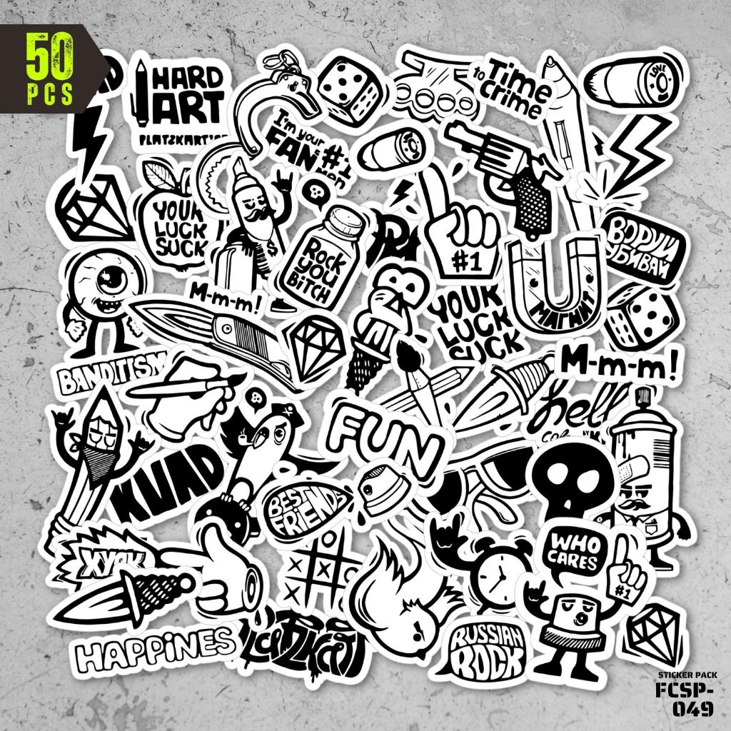 50 Pcs Stiker Pack Motif Street Art Black Doodle Graffiti Hitam Sticker Vinyl Anti Air Die Cut untuk