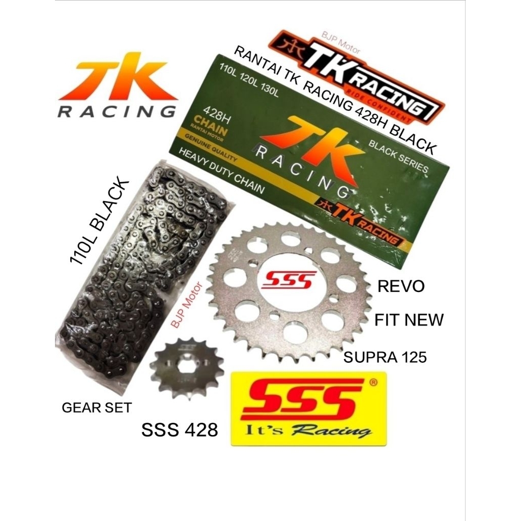 Gear Set SSS 428 Supra 125 Rantai TK Racing 428H 110L Black - Pilihan Ukuran Gir, Tahan Lama, Ringan
