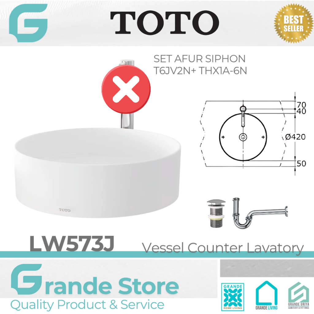 TOTO LW573J Wastafel Keramik Meja Counter Vessel Lavatory Set Afur Siphon