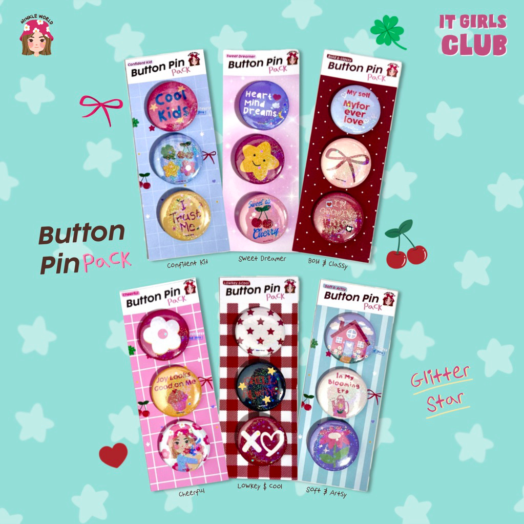 WinkleWorld - Pin Button It Girls Glossy Glitter/ Pin Button Y2K untuk Tas Baju 32mm/ Pin Button Aes