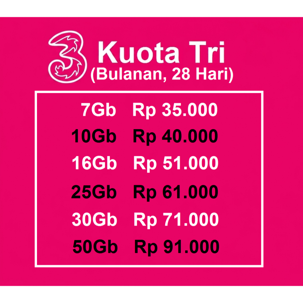 Kuota Internet Tri 50GB, 42GB, 30GB, 25GB,16GB, 10GB, 7GB Murah