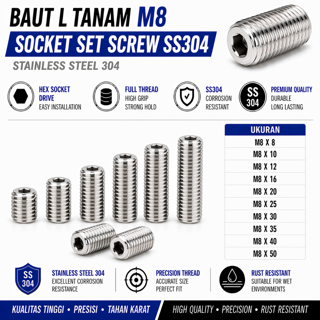 Baut L Tanam M8X40 / L Set 8X40 / Baut Tanam L M8 X 40 / L Set  8 X 40  - Socket Set Screw Stainless