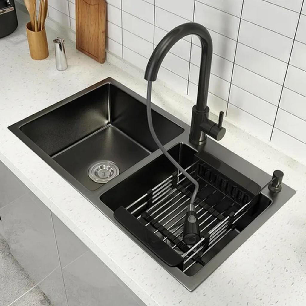 Kitchen Sink 2 Lubang 8245 Hitam / Paket Kitchen Sink 8245 Black / Bak Cuci Piring 2 Lubang Hitam 82