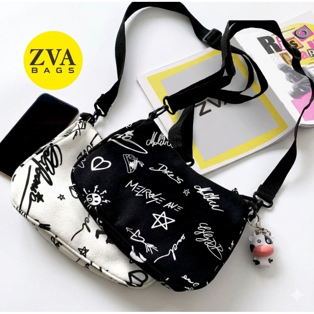 Tas selempang wanita banan kanvas motif grafiti