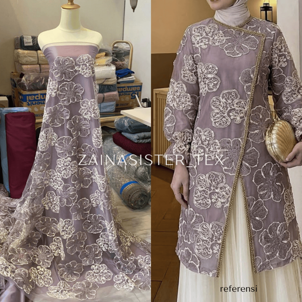 Kain Brokat Tulle Premium Magnolia Series Motif Bunga Warna Ungu Mauve | Bahan Kebaya Bridesmaid Mew