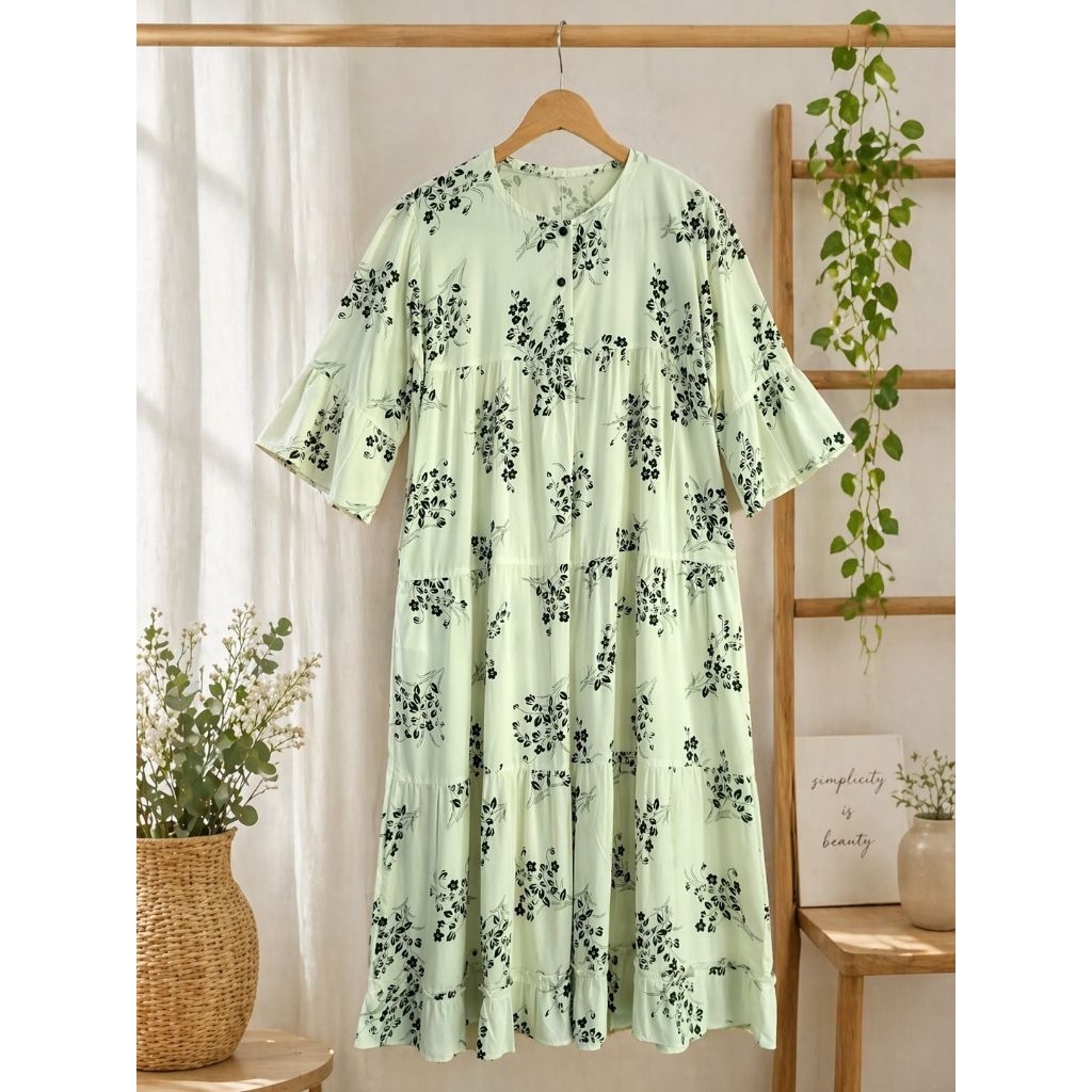 Dress Wanita Midi Motif Bunga Pastel – Loose Fit Lengan Pendek Elegant Casual