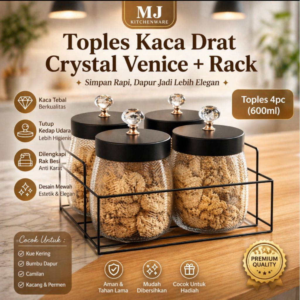 Toples Kaca Drat Crystal Venice dengan Rak