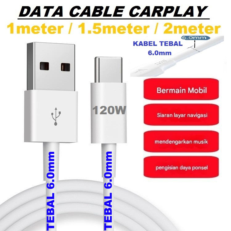kabel data tebal 120W panjang 2m/1.5m/1m pengisian cepat type-C daya flash Android Bold 5.0 IOS yang
