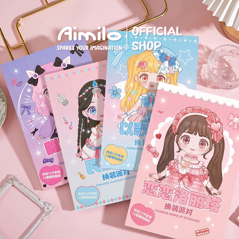 [READY] Aimilo Buku Stiker DIY Paket 4 PCS Sticker Dress Up Book Kartun Change Makeup Stiker Mainan 