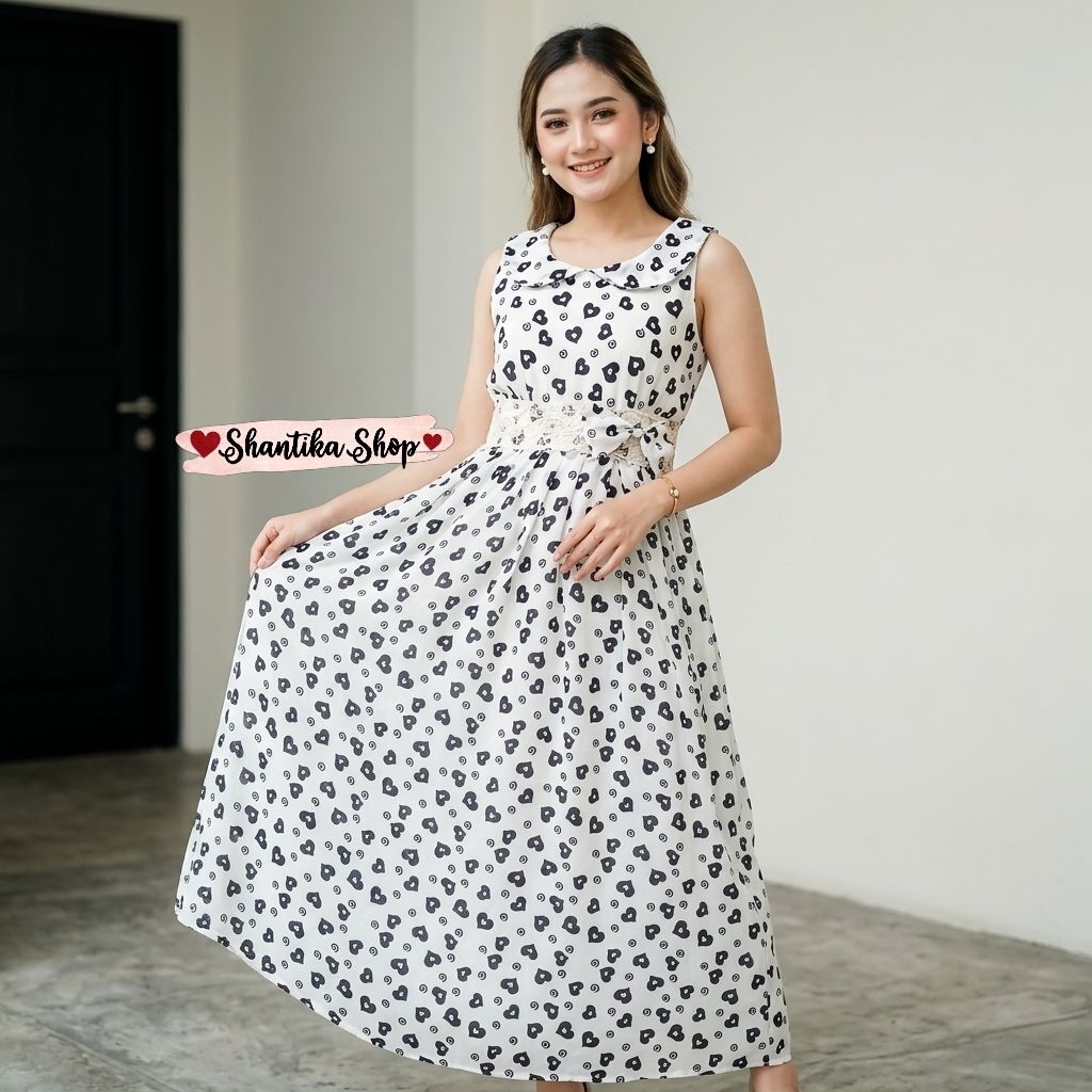 Plove | Dress Kerah Sailor Sifon Motif Love Wanita Remaja Dewasa
