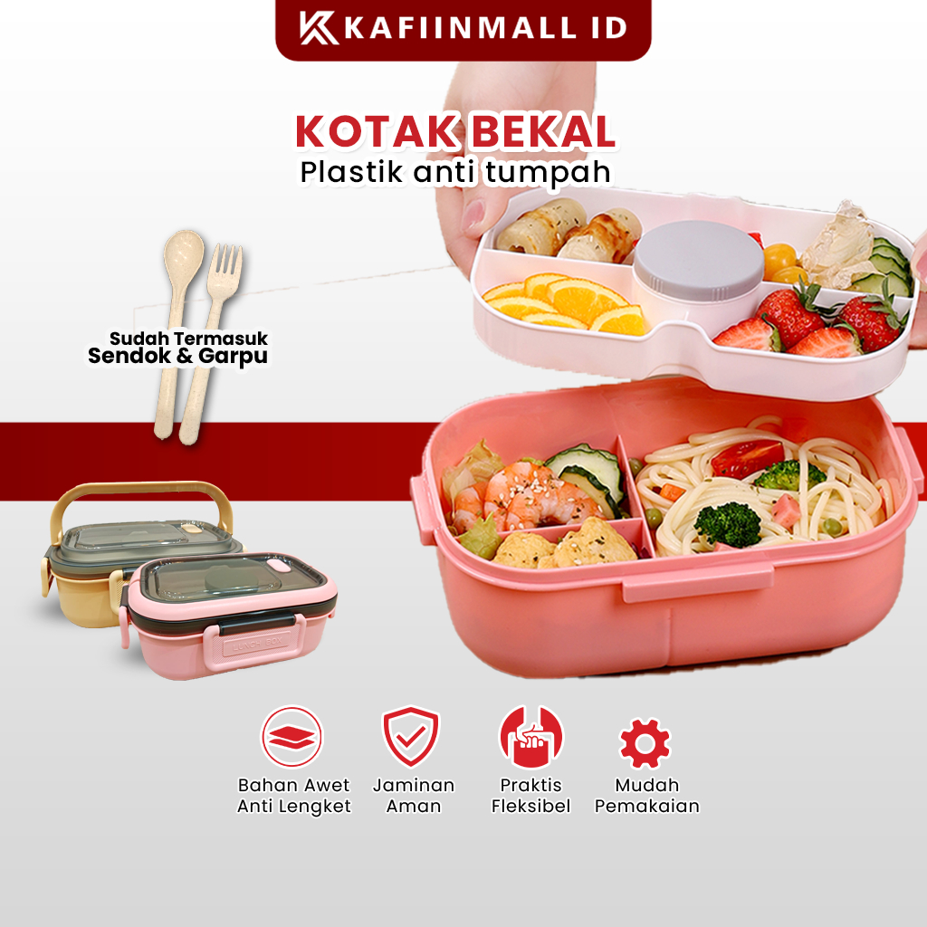 Kafiinmall Kotak Bekal 2 Tingkat / Lunch Box Set 2 Susun 3 & 4 Sekat 1200ML BPA Free Kotak Makan Set