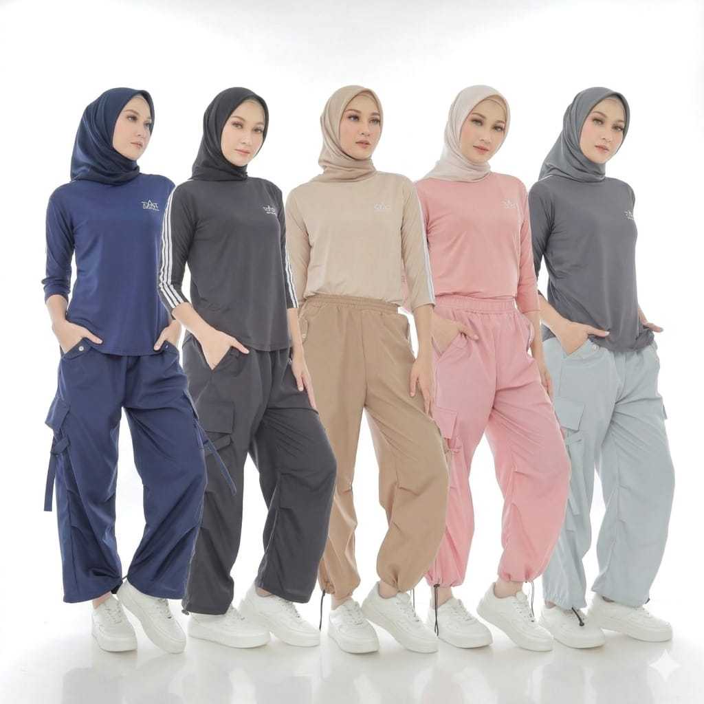 Celana Parasut Cargo Sport Olahraga Wanita Muslim JUMBO Hightwaist Outfit Naik Gunung Hangout Kekini