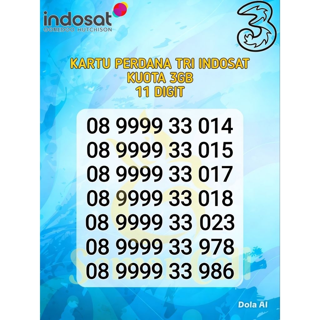KARTU PERDANA NOMER CANTIK, kartu perdana tri, kartu perdana 11 digit, kartu perdana kuota 3gb, kart