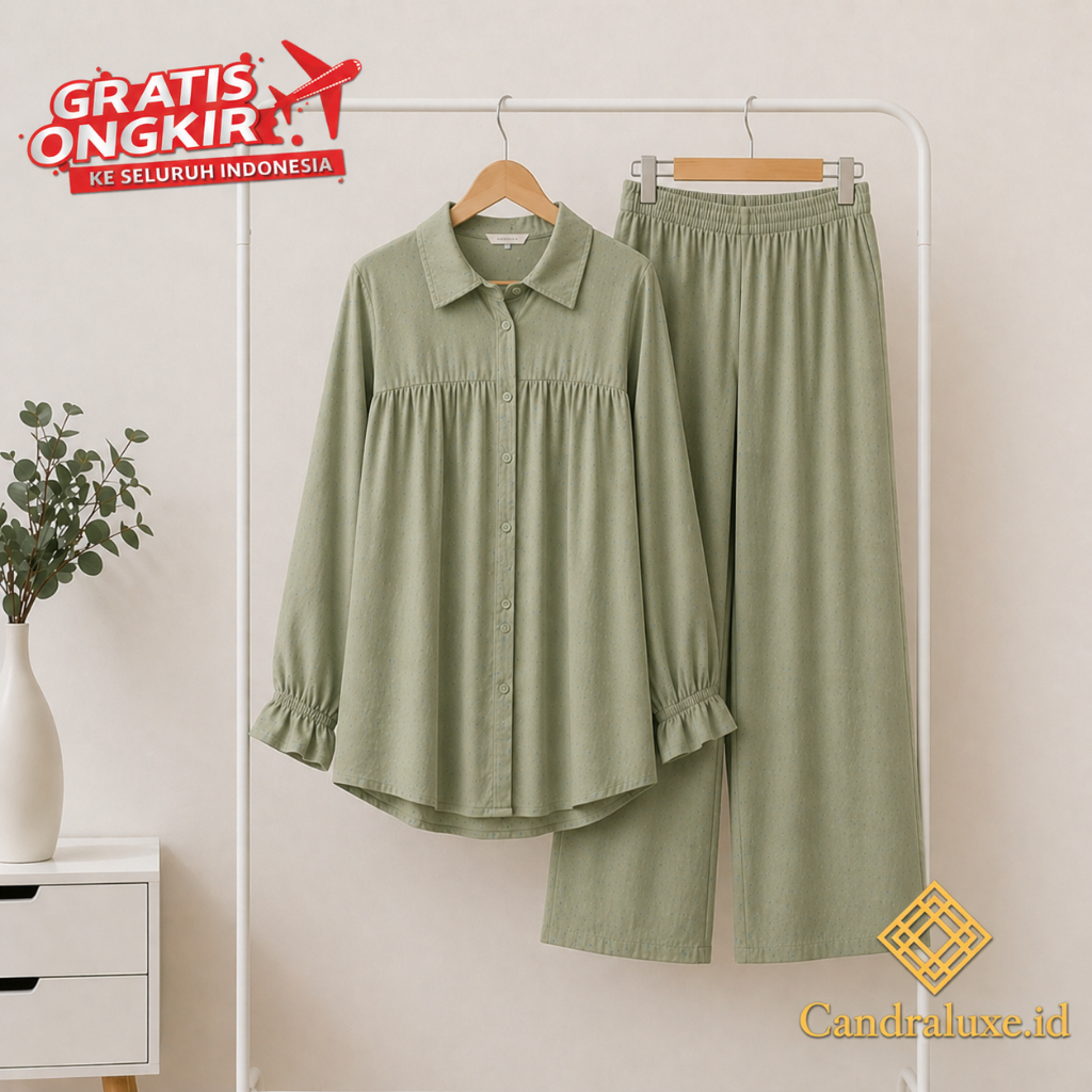 Jena Setelan Wanita Rayon Twill Polos Jumbo One Set Lengan Puffy Smock Adem Lembut Nyaman Outfit Kek