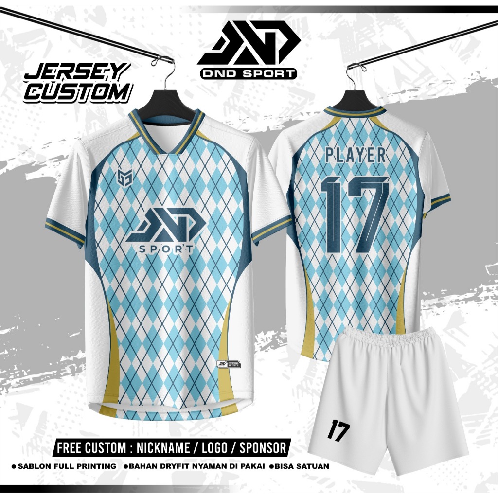 Jersey Futsal Sepakbola Biru Kotak Custom Free Nama Nomor Punggung Logo Sponsor Full Printing