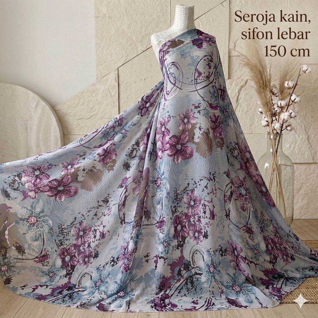 Kain Sifon Ceruty Motif Bunga - Lebar 150cm mnt
