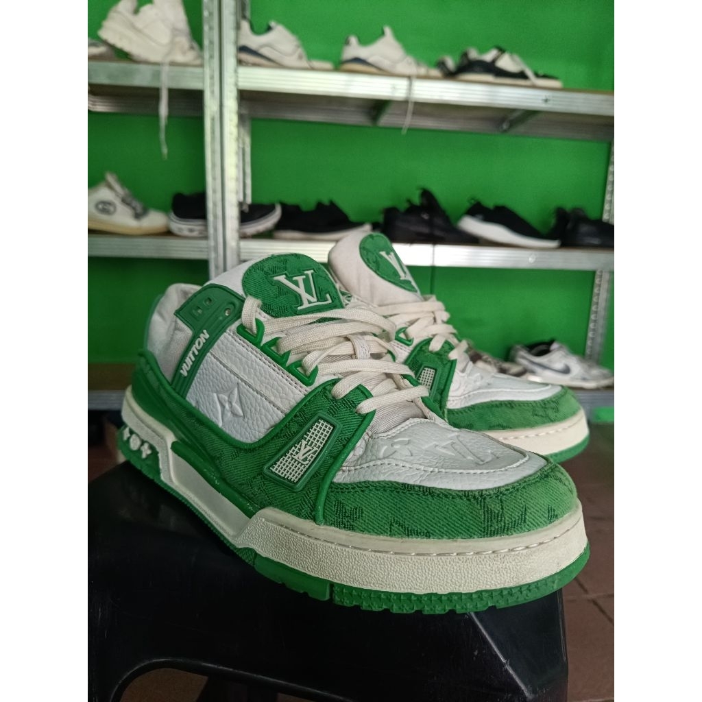 Sepatu LV Trainer Sneaker Green Monogram Denim - Premium Size 44