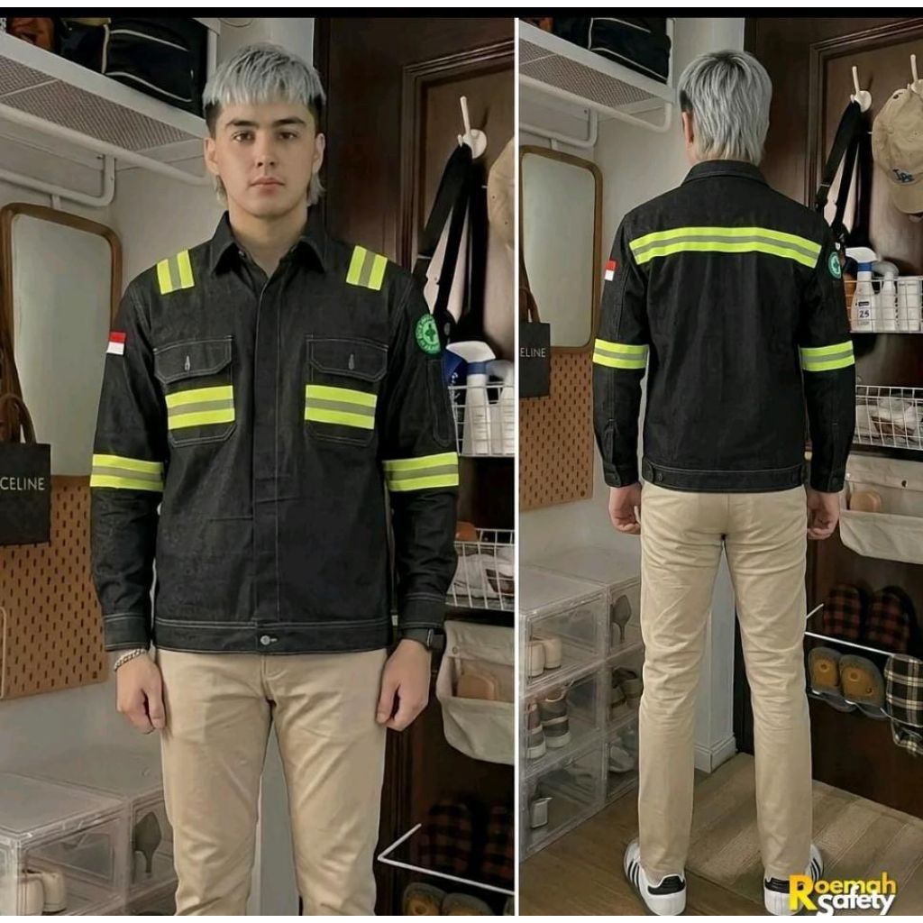 kemeja safety jeans wearpack safety pria kemeja atasan lengan panjang mekanik warna black blue jeans