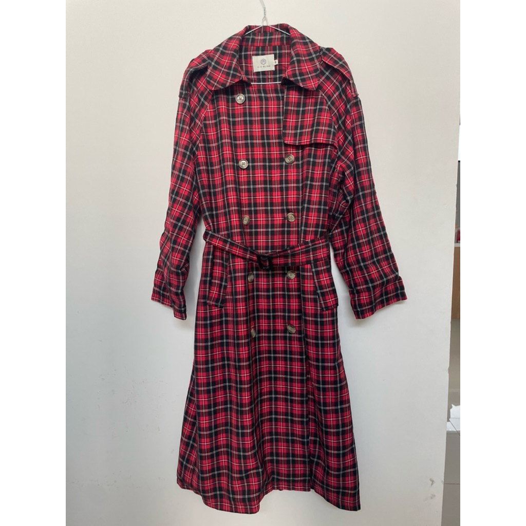 Long Coat Korea Merah Tartan kotak kotak Long Blazer merah Tartan Korea