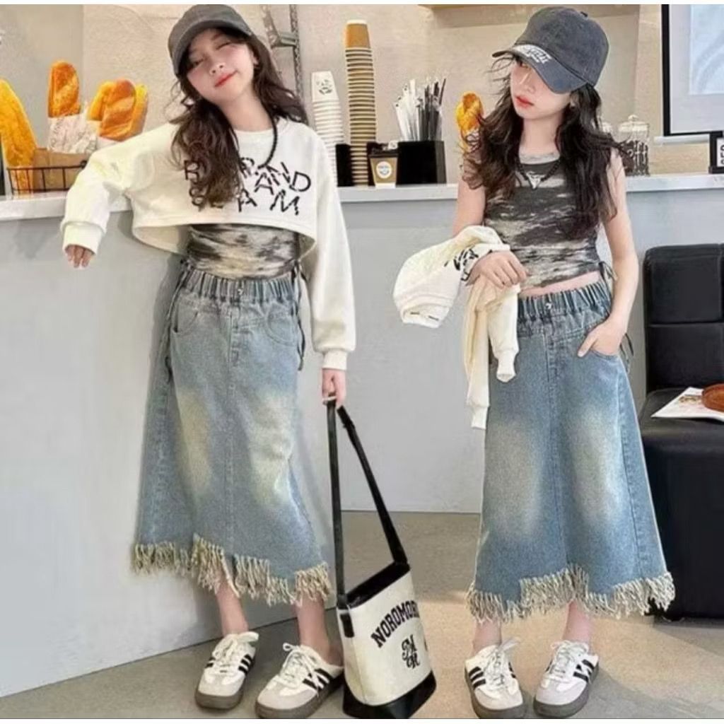 Rok Jeans Anak Skrit Model Rumbai Midi Korean Style