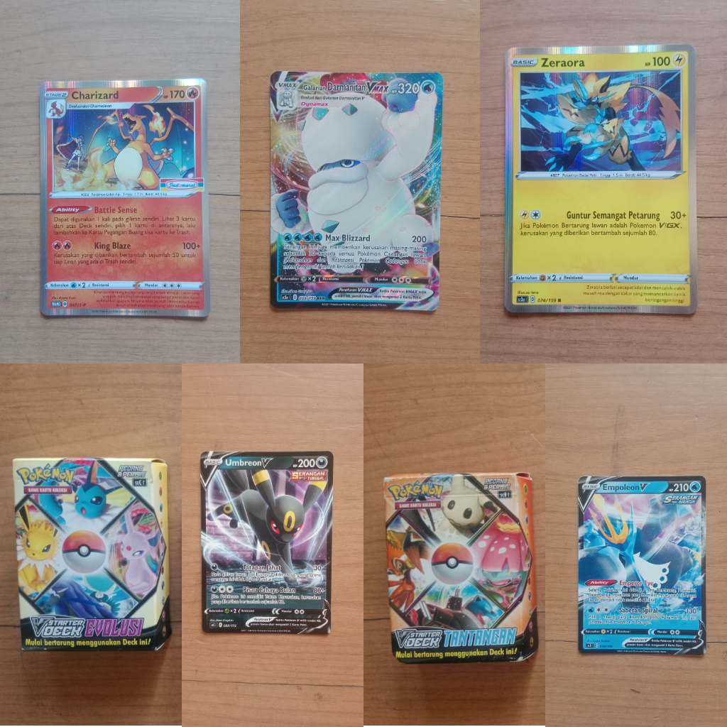 Charizard promo Indomaret + Vmax Galarian Darmanitian + Foil Zeraora + V Starter Deck Tantangan (V E
