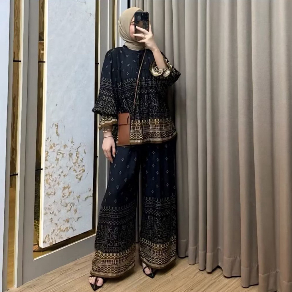 one set bunga lengan balon rayon premium