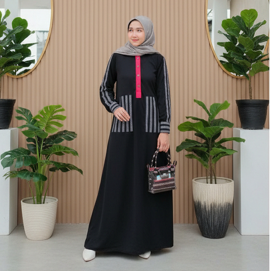Gamis Kaos Hitam Polos Kombinasi Lurik - Maylea Dress Black Deriana Project