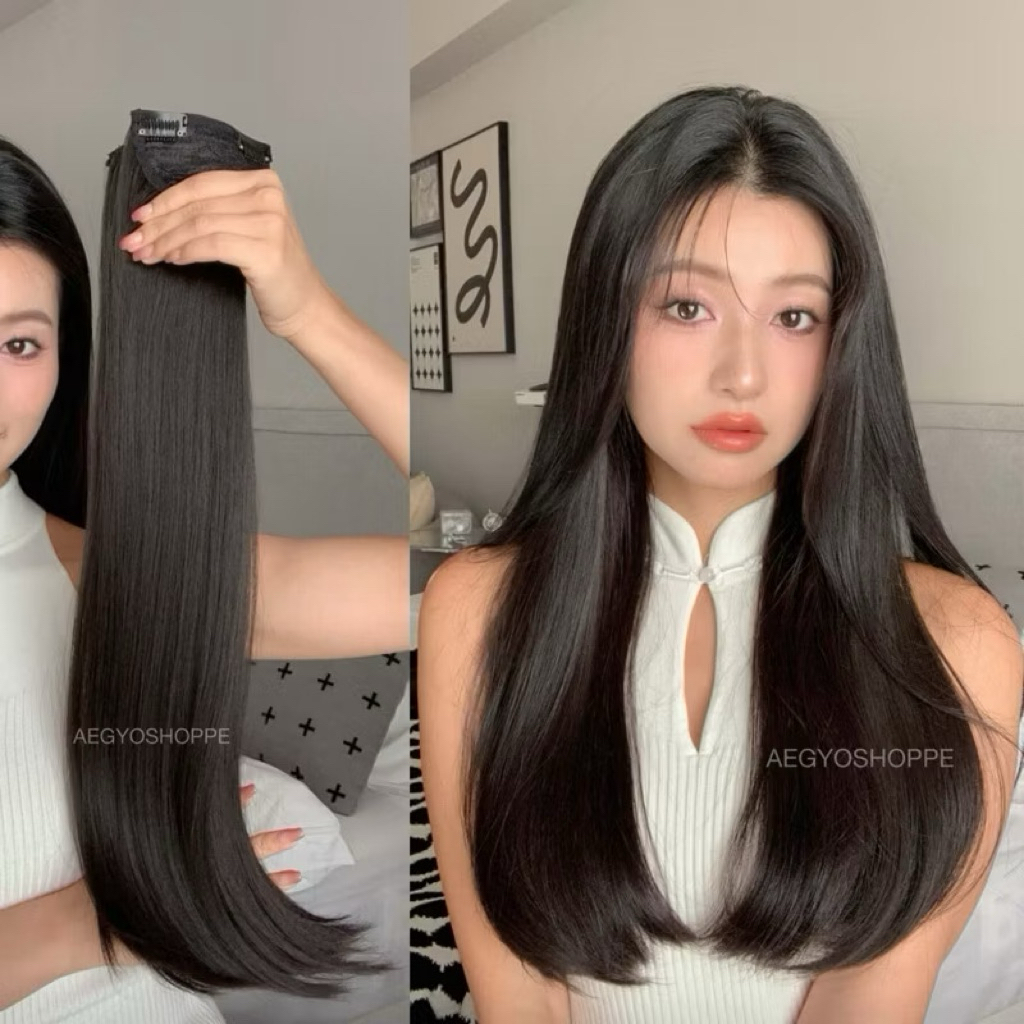 preloved CURLMEBABE Korean hair clip dark brown 3 pieces layer hair extension blow straight lurus 50