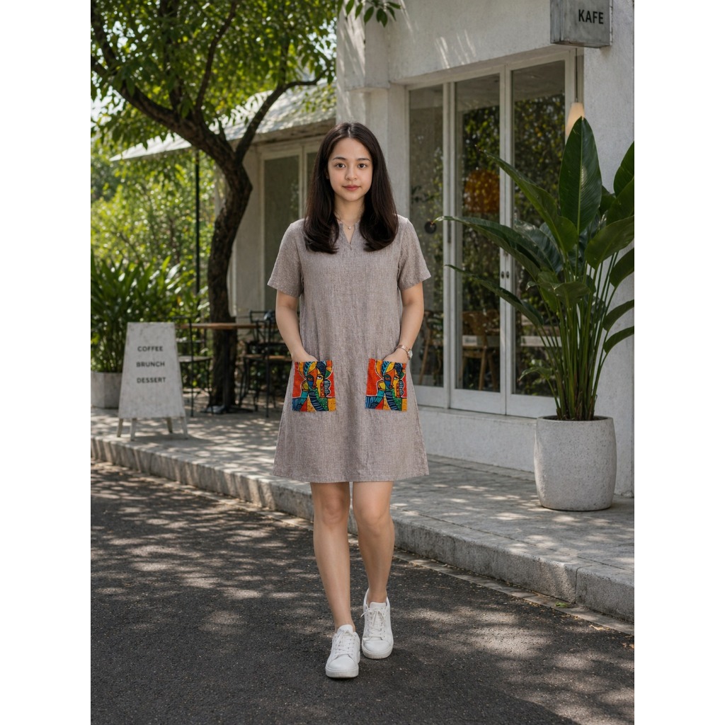 Dress Tunik Wanita Linen Premium Motif Abstrak “The Warrior” – Long Tunic Casual Lengan Pendek Pocke