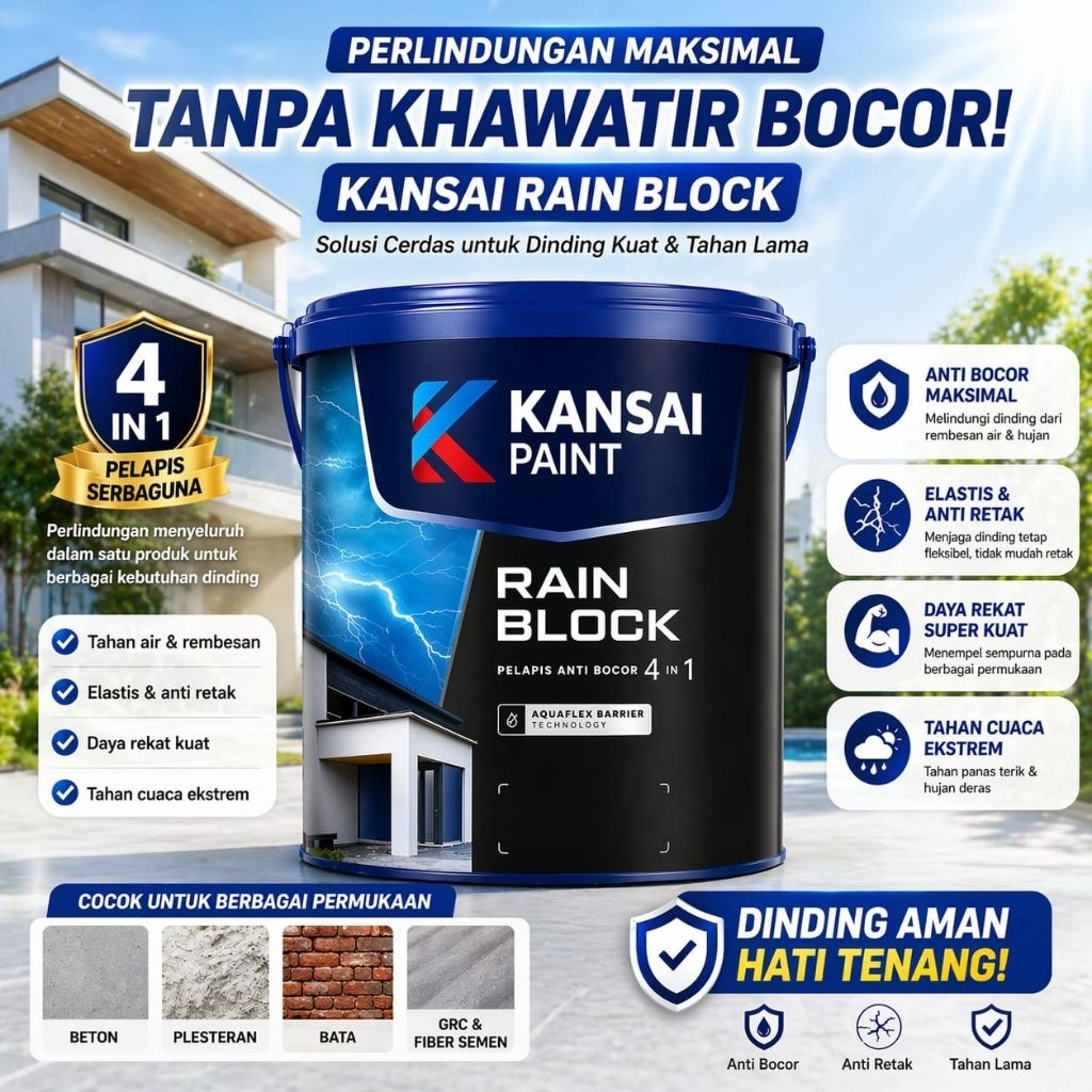 CAT TEMBOK KANSAI RAIN BLOCK CAT ANTI BOCOR UKURAN 1KG WARNA (PUTIH,ABU ABU, TRANSPARAN)