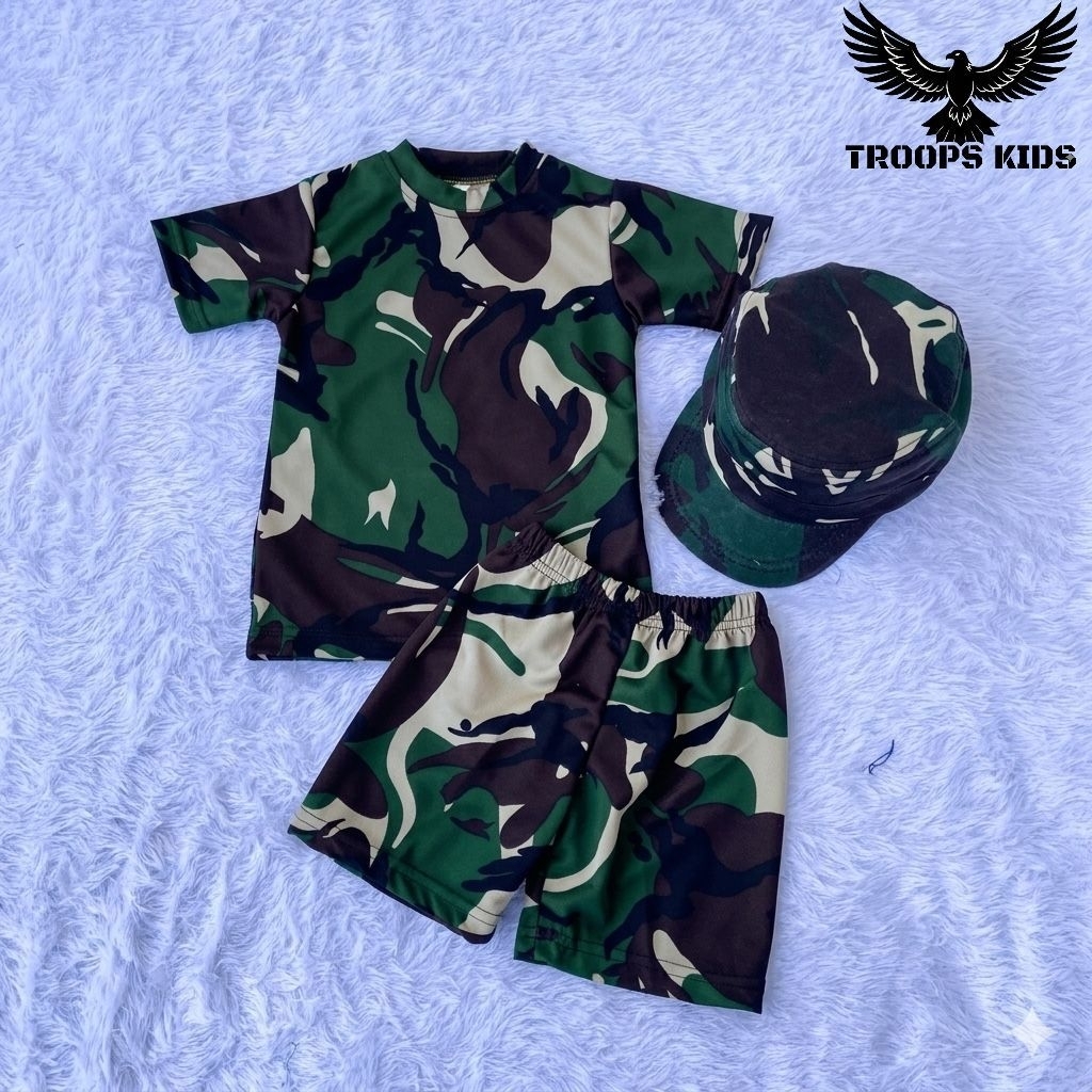 Setelan Pendek Anak Laki Laki Motif Army Loreng Malvinas Bonus Topi / Baju Set Anak Cowok 1-8 Tahun