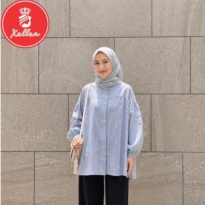 Blouse Wanita Motif Kotak Lengan Balon Baju Yumna Blouse Kancing Busui Friendly Nyaman -  XELLEA