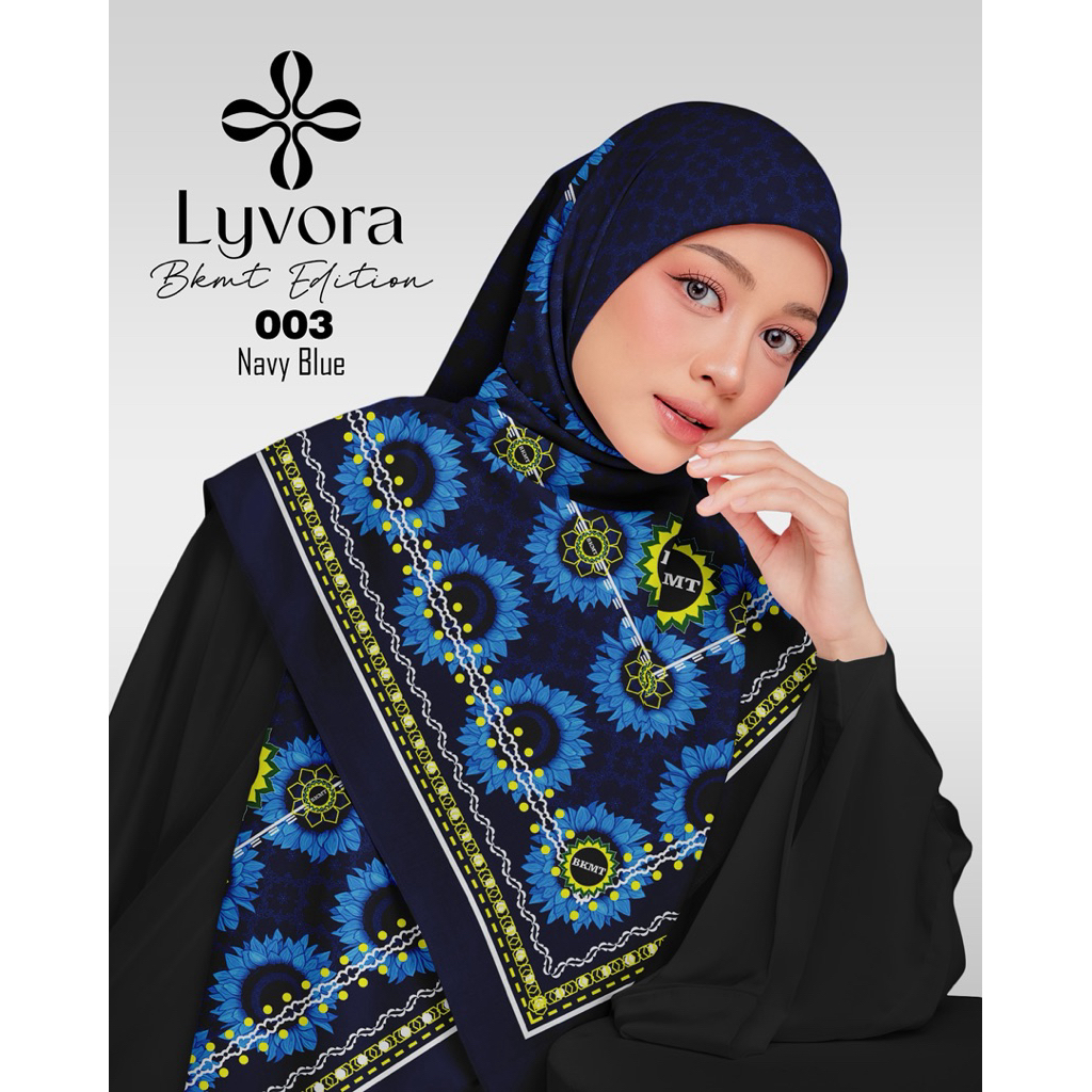 Jilbab BKMT - 003 Biru Dongker - Hijab Voal Premium Lyvora – Segi Empat Adem, Laser Cut, Zipper Bag