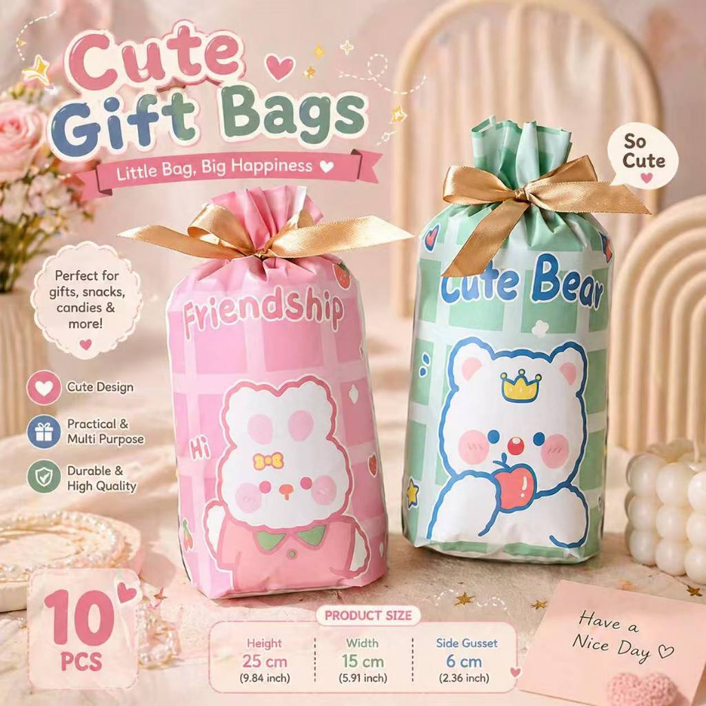 (10PCS) Tas Kado Goddiebag dengan Tali Serut, Plastik Karakter Anak untuk Camilan Ulang Tahun, Tas U
