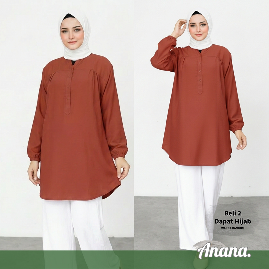 Baju Kemeja Blouse Wanita Busana Muslim Dewasa Merah Bata