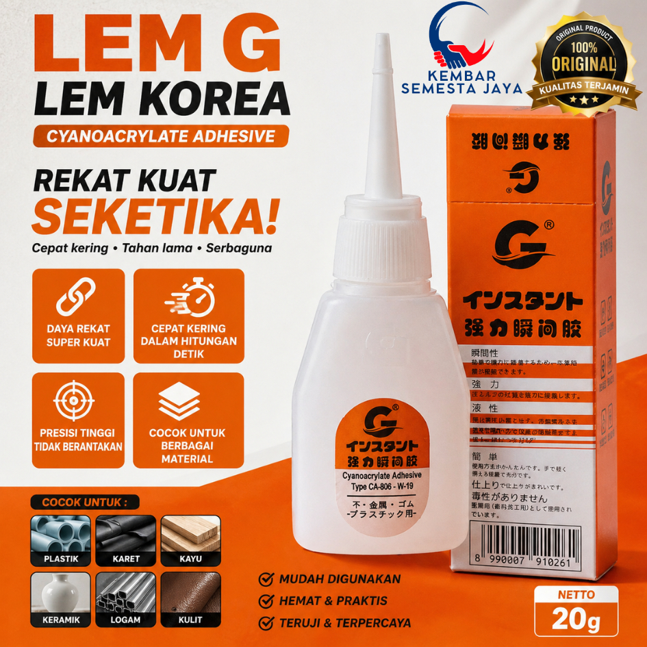 LEM G KOREA ORIGINAL 100% Tahan Lama Cepat Kering plastik mika kayu kertas besi gabus kaca karet kal