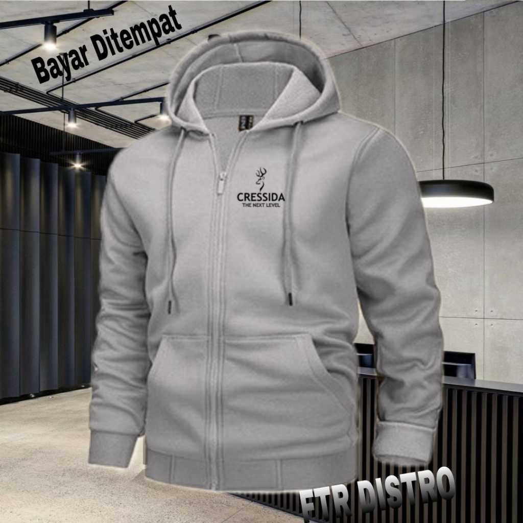 (COD) Jaket Resleting Distro Cressida Text Hitam Jaket Pria Wanita Terkeren Jaket Denim Distro Katun