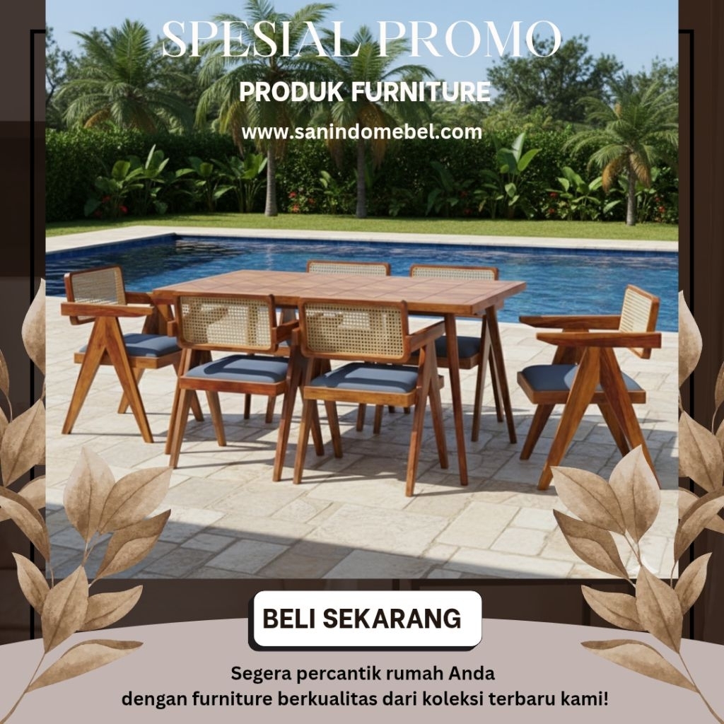 meja makan jati 6 kursi, meja makan kursi rotan, kursi makan rotan minimlais