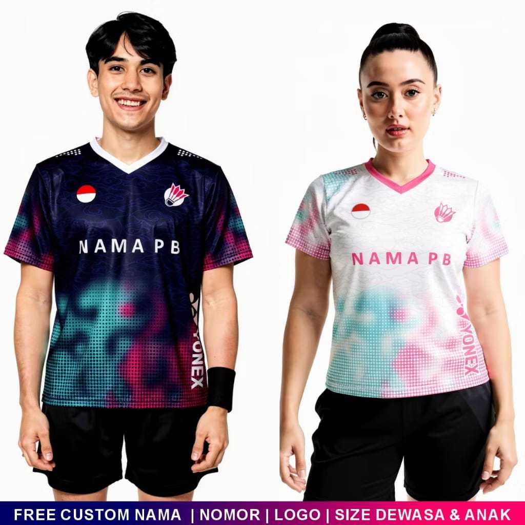 Jersey Badminton Custom Nama Nomor Logo Warna Biru Ungu & Putih Pink Motif Dot