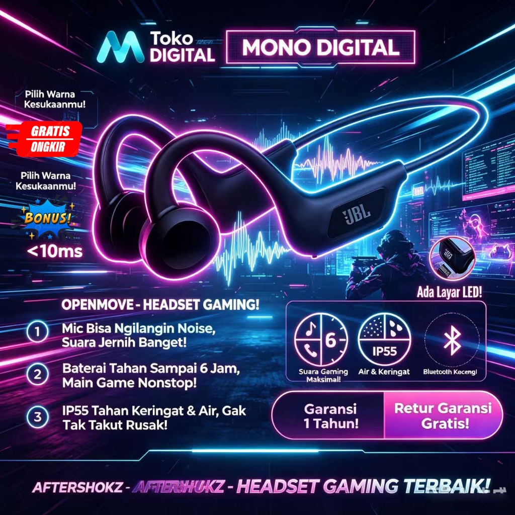 [Beli 2 gratis 1]JBL U9 Headset Gaming Bluetooth Konduksi Tulang Nirkabel Low Latency Tahan Air IP55