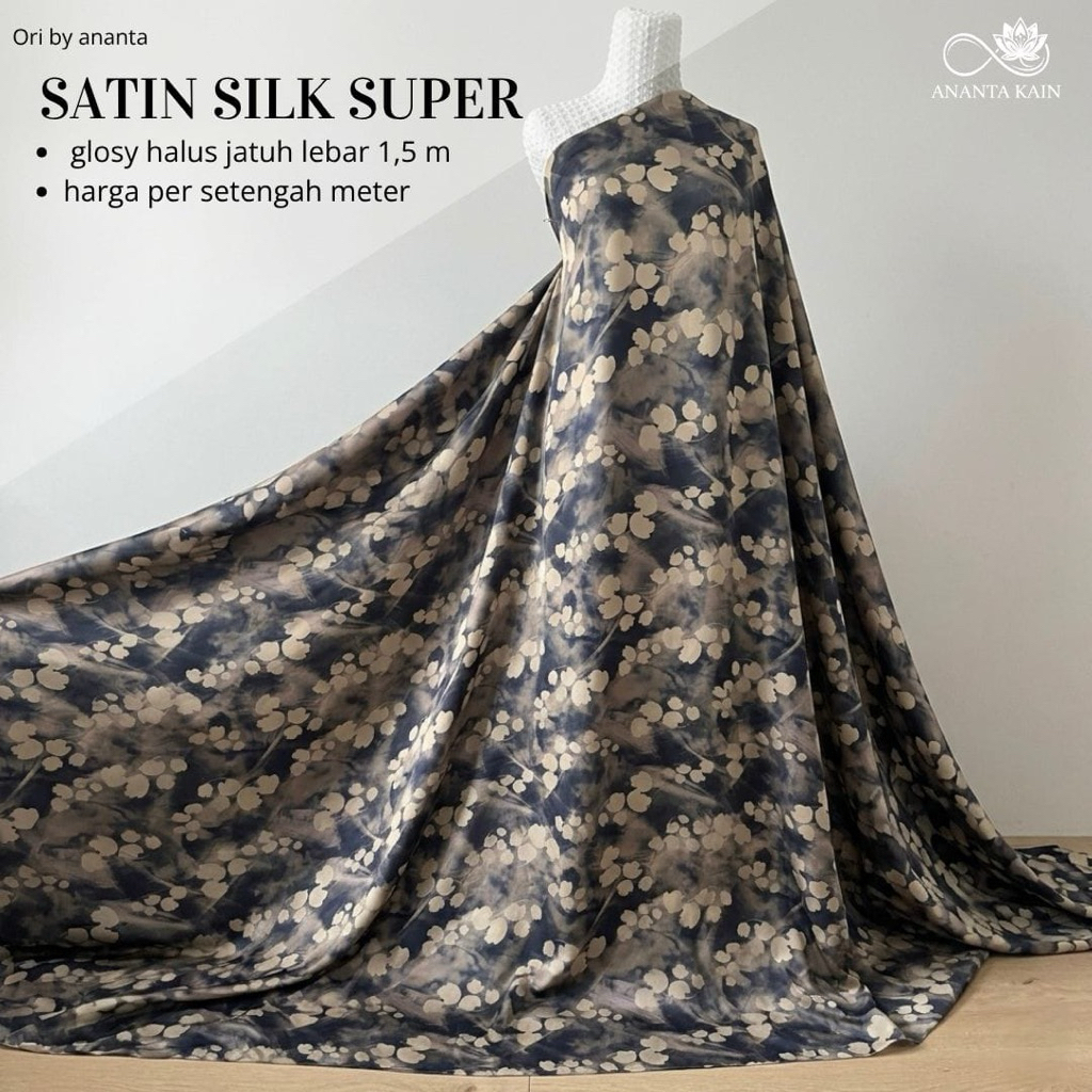 Kain Satin Silk Motif Bunga Hitam Aesthetic Premium Lebar 1.5m / Bahan Silk Luxury untuk Dress Pesta