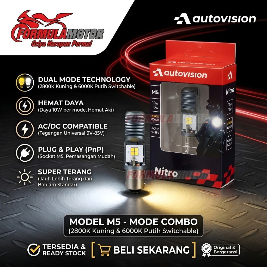 Bohlam Lampu Depan Motor (LED) Autovision Nitro Ready All Socket M5/H7/HS1 5700K/6000K/Combo [Pilih 
